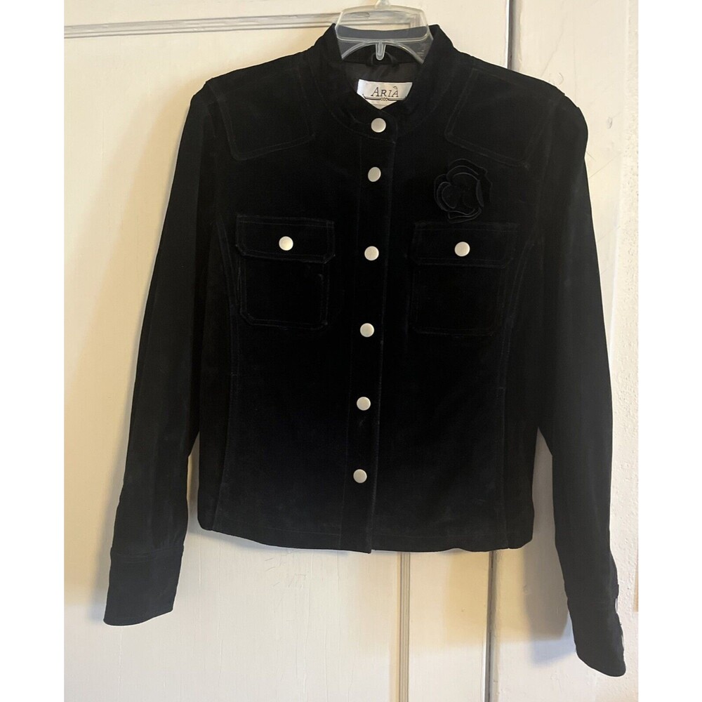 Aria Women’s Size L Black Suede Jacket Coat Lined Silver Metal Snaps Pockets